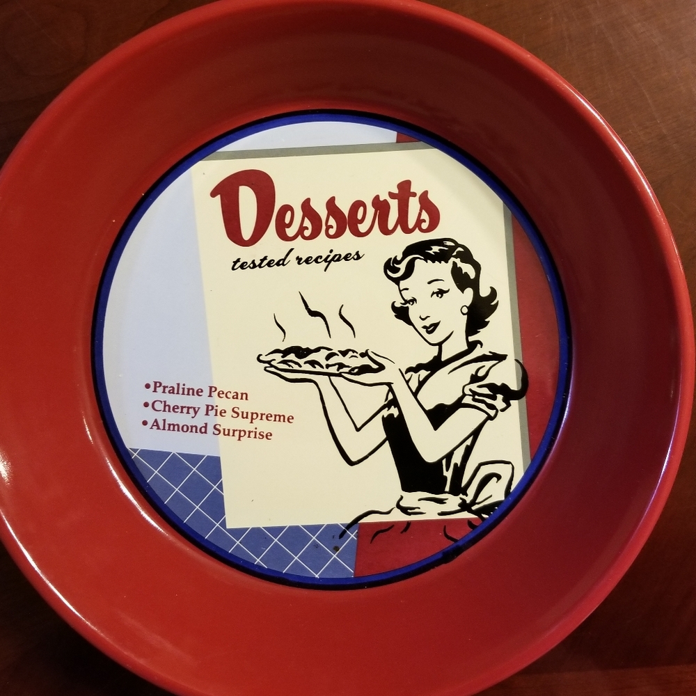 Vintage Pie Dish Red with Lady Holding Pie 9"